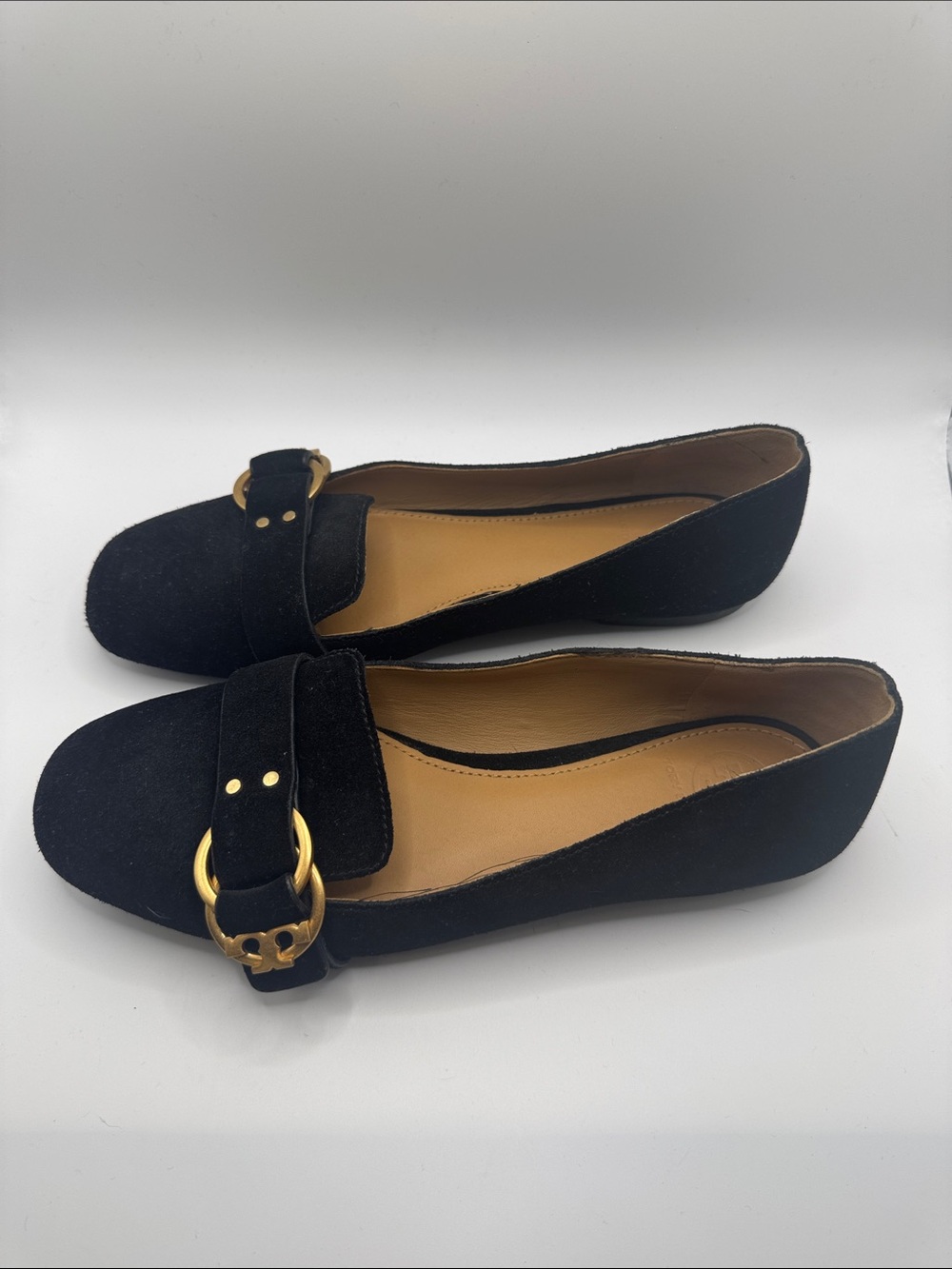 Tory Burch Black Suede Loafers with Gold Hardware - Picture 2 of 6
